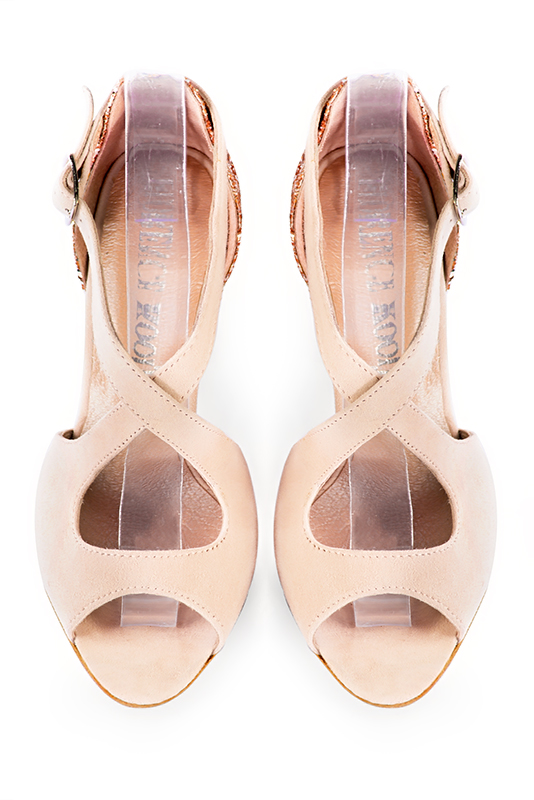 Powder pink and copper gold women's closed back sandals, with crossed straps. Round toe. High kitten heels. Top view - Florence KOOIJMAN